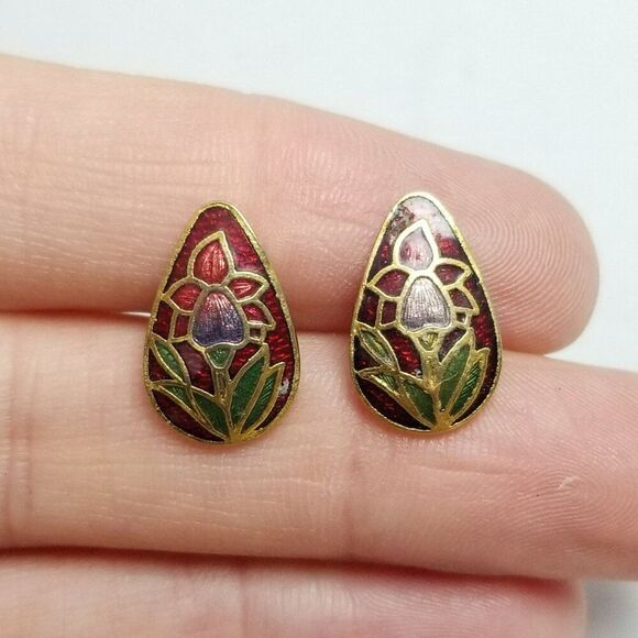 Vintage Red Enamel Flower Stud Earrings, Pear Drop Shape, 80s 90s Style - Picture 1 of 6
